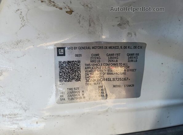 3GNKBCR41LS725167 2020 CHEVROLET BLAZER White VIN sticker view