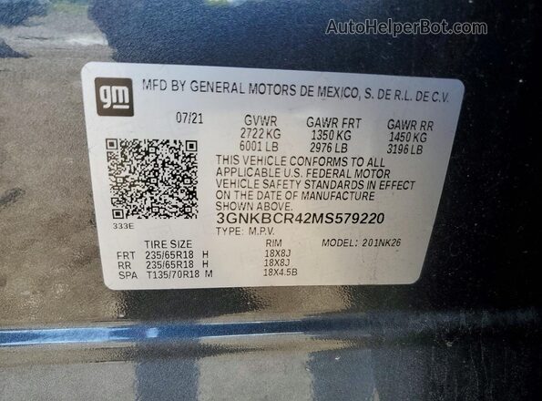 3GNKBCR42MS579220 2021 CHEVROLET BLAZER Gray VIN sticker view