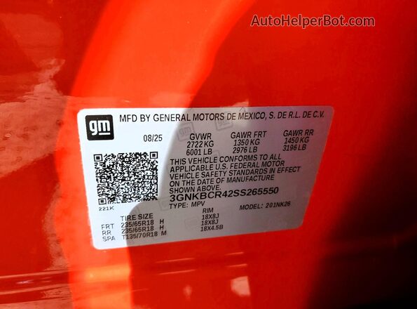 3GNKBCR42SS265550 2025 CHEVROLET BLAZER Orange VIN կոդի պիտակի տեսք
