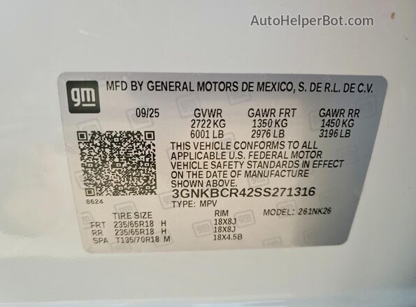 3GNKBCR42SS271316 2025 CHEVROLET BLAZER White 