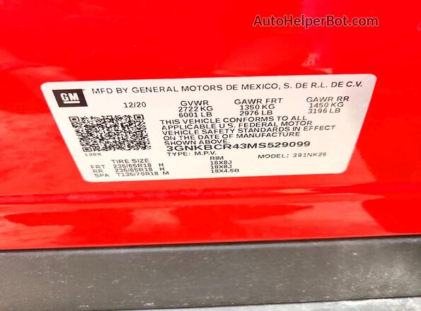 3GNKBCR43MS529099 2021 CHEVROLET BLAZER Red Widok naklejki z numerem VIN