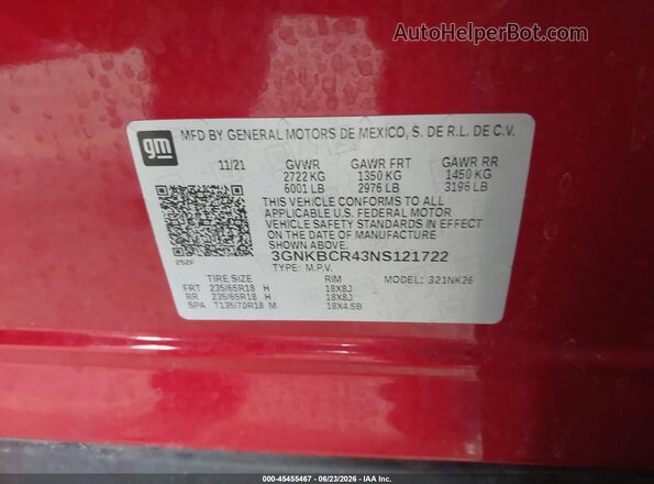 3GNKBCR43NS121722 2022 CHEVROLET BLAZER Red Widok komory silnika