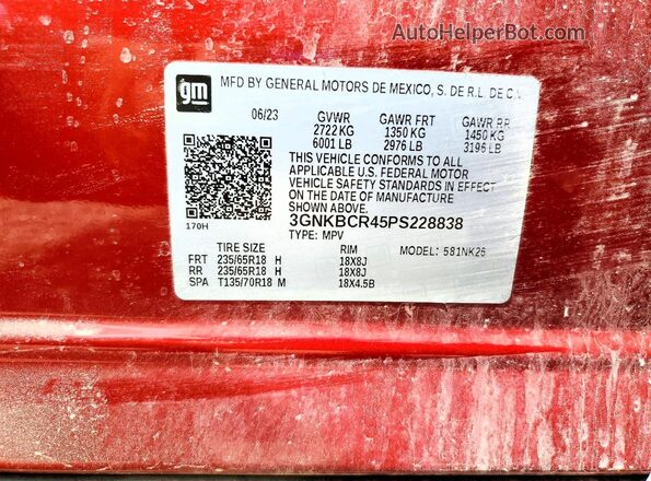 3GNKBCR45PS228838 2023 CHEVROLET BLAZER Red Widok naklejki z numerem VIN