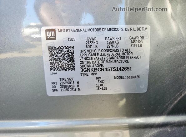 3GNKBCR45TS142651 2026 CHEVROLET BLAZER Silver Widok naklejki z numerem VIN