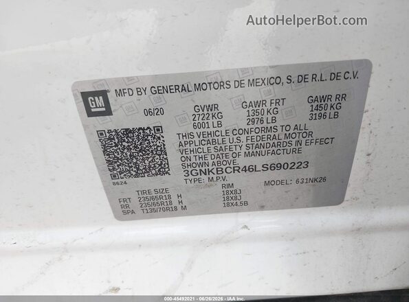 3GNKBCR46LS690223 2020 CHEVROLET BLAZER White Vista del compartimento del motor