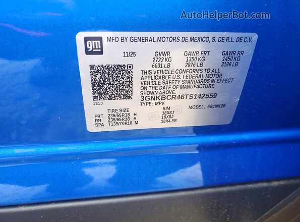 3GNKBCR46TS142559 2026 CHEVROLET BLAZER Blue Вид наклейки з VIN-кодом