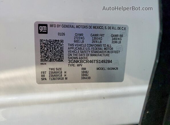 3GNKBCR46TS149284 2026 CHEVROLET BLAZER White VIN կոդի պիտակի տեսք