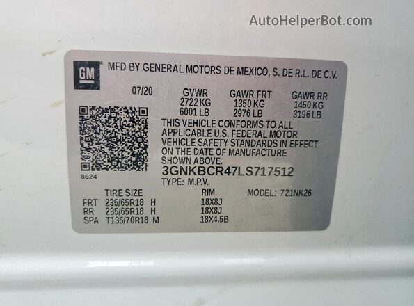 3GNKBCR47LS717512 2020 CHEVROLET BLAZER White VIN კოდის სტიკერის ხედი