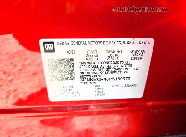 3GNKBCR48PS189372 2023 CHEVROLET BLAZER Red Вид наклейки з VIN-кодом