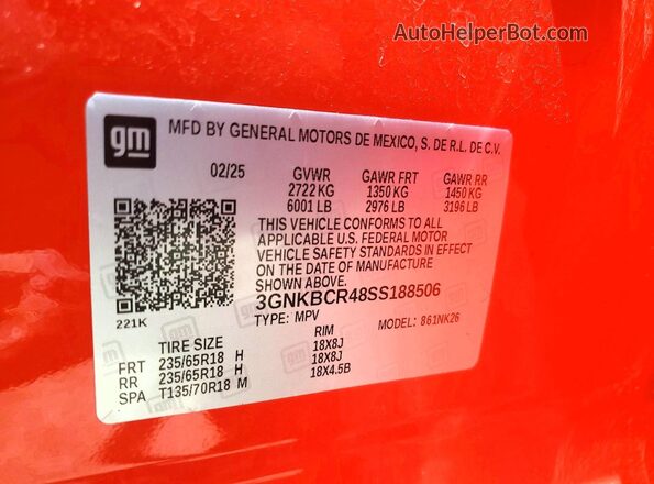 3GNKBCR48SS188506 2025 CHEVROLET BLAZER Orange Vista de la etiqueta del VIN