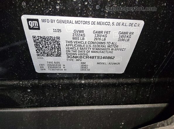 3GNKBCR48TS140862 2026 CHEVROLET BLAZER Black VIN կոդի պիտակի տեսք