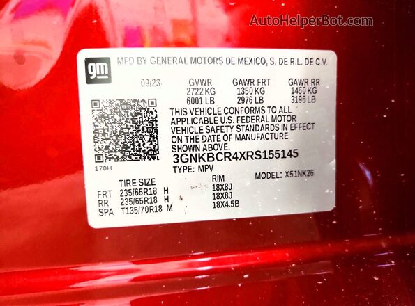 3GNKBCR4XRS155145 2024 CHEVROLET BLAZER Maroon VIN sticker view