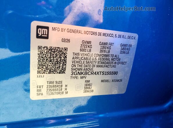 3GNKBCR4XTS155590 2026 CHEVROLET BLAZER Blue VIN կոդի պիտակի տեսք