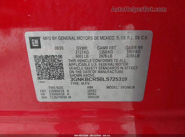 3GNKBCRS0LS725319 2020 CHEVROLET BLAZER Red Вид підкапотного простору