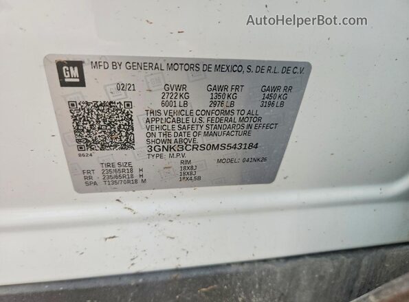 3GNKBCRS0MS543184 2021 CHEVROLET BLAZER White Widok naklejki z numerem VIN