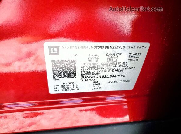 3GNKBCRS2LS643110 2020 CHEVROLET BLAZER Красный Панорамный вид салона 360°
