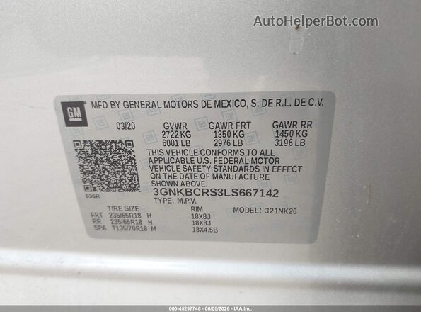 3GNKBCRS3LS667142 2020 CHEVROLET BLAZER Silver Вид підкапотного простору