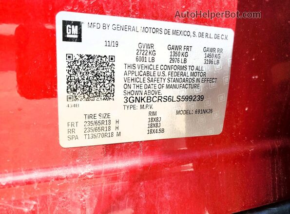 3GNKBCRS6LS599239 2020 CHEVROLET BLAZER Red 360 interior view