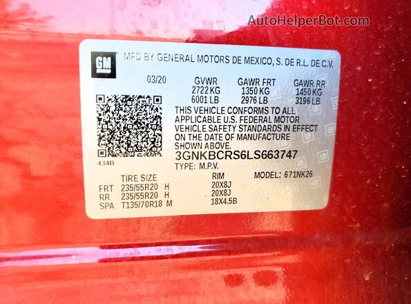 3GNKBCRS6LS663747 2020 CHEVROLET BLAZER Red VIN sticker view