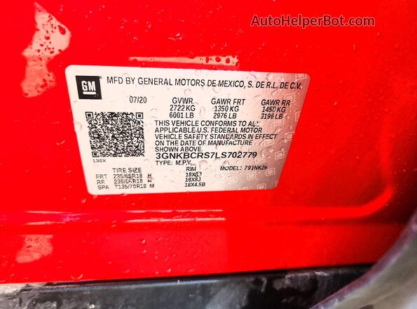 3GNKBCRS7LS702779 2020 CHEVROLET BLAZER Red VIN კოდის სტიკერის ხედი