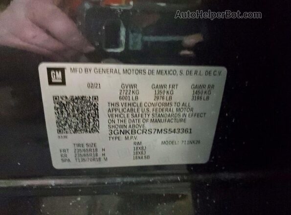 3GNKBCRS7MS543361 2021 CHEVROLET BLAZER Gray Вид наклейки з VIN-кодом