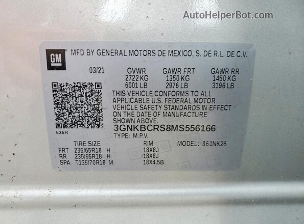 3GNKBCRS8MS556166 2021 CHEVROLET BLAZER Silver Vista de la etiqueta del VIN