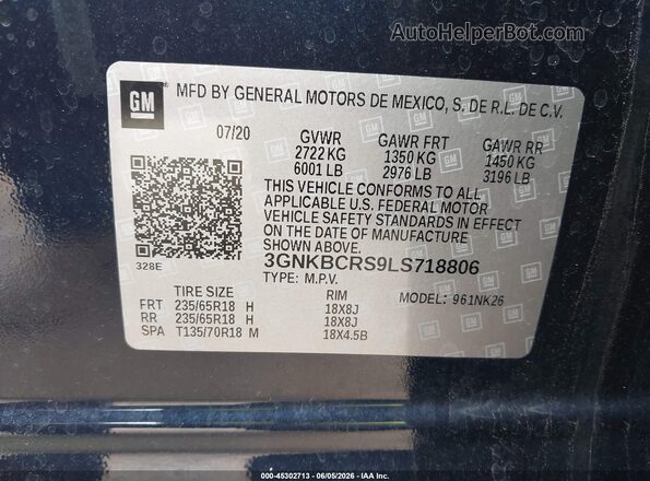 3GNKBCRS9LS718806 2020 CHEVROLET BLAZER Dark Blue Widok komory silnika