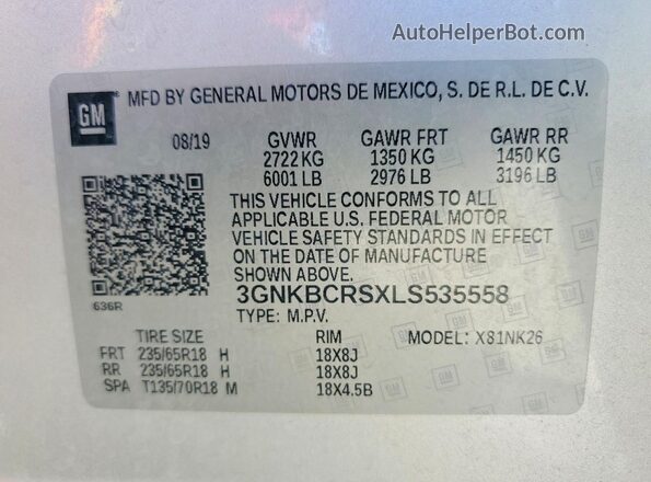 3GNKBCRSXLS535558 2020 CHEVROLET BLAZER Silver 