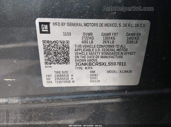 3GNKBCRSXLS597011 2020 CHEVROLET BLAZER Gray Vista del compartimento del motor