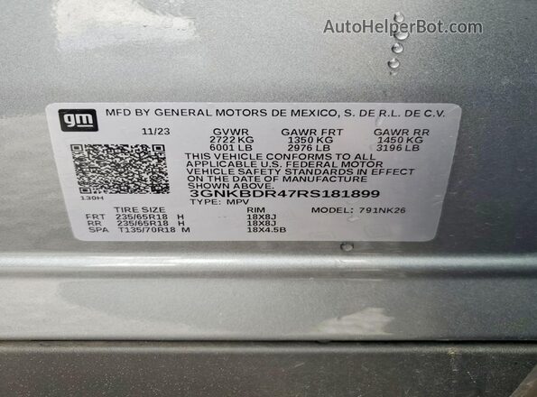 3GNKBDR47RS181899 2024 CHEVROLET BLAZER Gray Вид наклейки з VIN-кодом