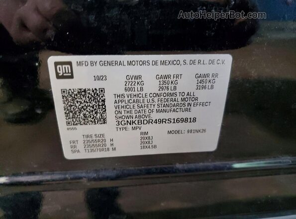 3GNKBDR49RS169818 2024 CHEVROLET BLAZER Black Widok naklejki z numerem VIN