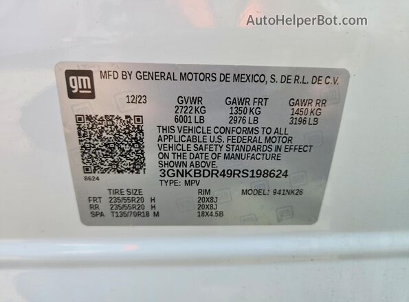 3GNKBDR49RS198624 2024 CHEVROLET BLAZER White Vista de la etiqueta del VIN