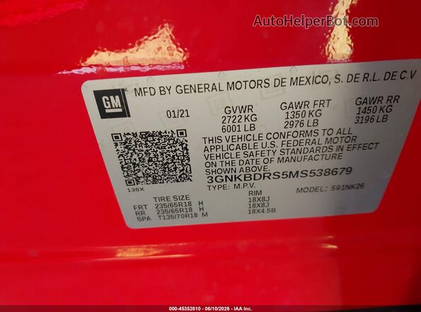3GNKBDRS5MS538679 2021 CHEVROLET BLAZER Red Engine compartment view
