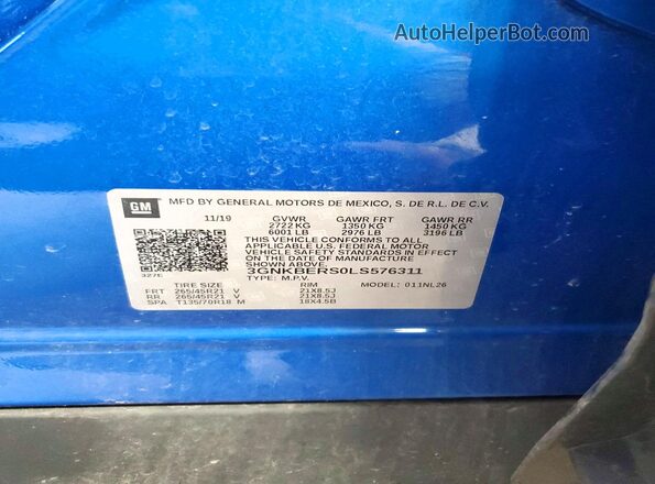 3GNKBERS0LS576311 2020 CHEVROLET BLAZER Blue VIN կոդի պիտակի տեսք