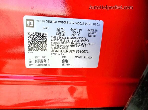 3GNKBERS2MS580071 2021 CHEVROLET BLAZER Red VIN կոդի պիտակի տեսք
