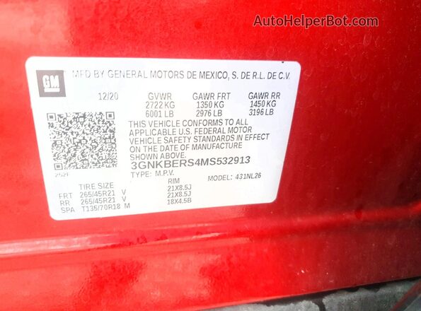 3GNKBERS4MS532913 2021 CHEVROLET BLAZER Red 