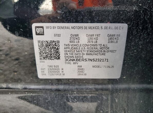 3GNKBERS7NS232171 2022 CHEVROLET BLAZER Black Vista de la etiqueta del VIN