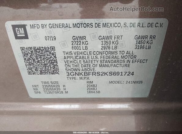3GNKBFRS2KS691724 2019 CHEVROLET BLAZER Brown Вид підкапотного простору