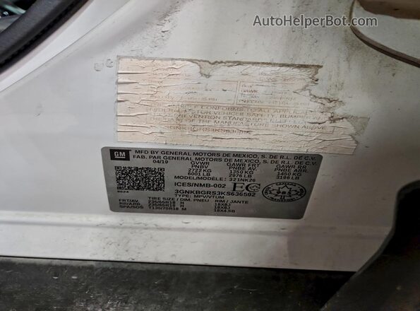 3GNKBGRS3KS636592 2019 CHEVROLET BLAZER White VIN sticker view