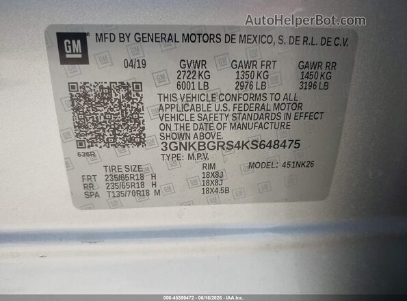 3GNKBGRS4KS648475 2019 CHEVROLET BLAZER Серебряный Вид подкапотного пространства