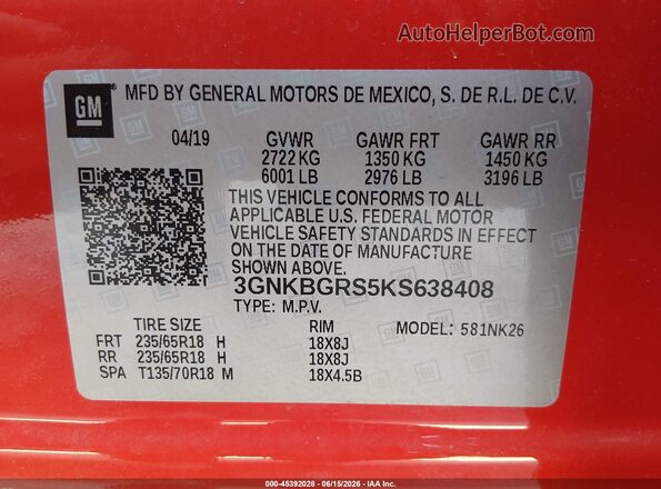 3GNKBGRS5KS638408 2019 CHEVROLET BLAZER Red Engine compartment view