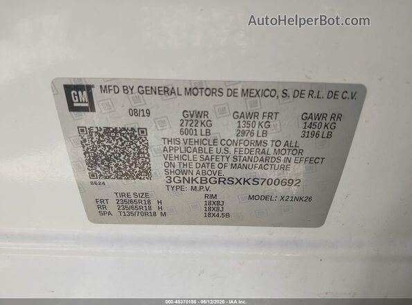 3GNKBGRSXKS700692 2019 CHEVROLET BLAZER White Вид підкапотного простору
