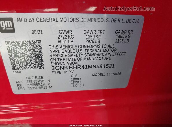 3GNKBHR41MS584521 2021 CHEVROLET BLAZER Red ძრავის განყოფილების ხედი