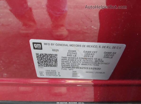 3GNKBHR42SS192533 2025 CHEVROLET BLAZER Red Շարժիչի բաժամունքի տեսք