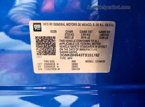 3GNKBHR43TS151782 2026 CHEVROLET BLAZER Blue VIN sticker view