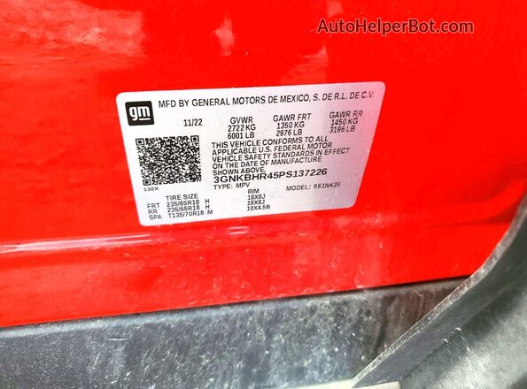3GNKBHR45PS137226 2023 CHEVROLET BLAZER Red VIN კოდის სტიკერის ხედი