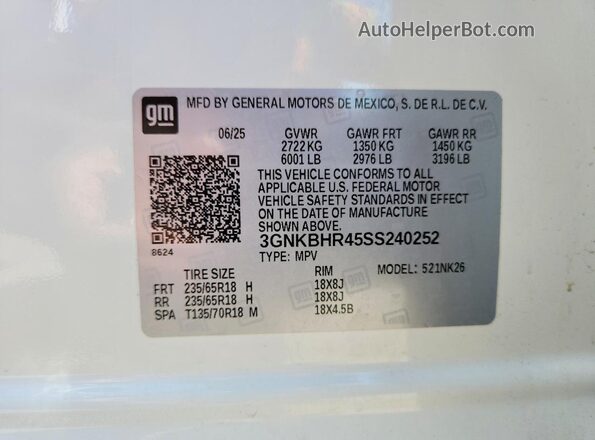 3GNKBHR45SS240252 2025 CHEVROLET BLAZER White 