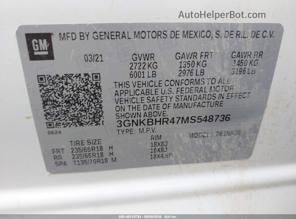 3GNKBHR47MS548736 2021 CHEVROLET BLAZER White ძრავის განყოფილების ხედი