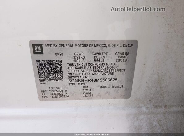 3GNKBHR48MS506625 2021 CHEVROLET BLAZER White ძრავის განყოფილების ხედი