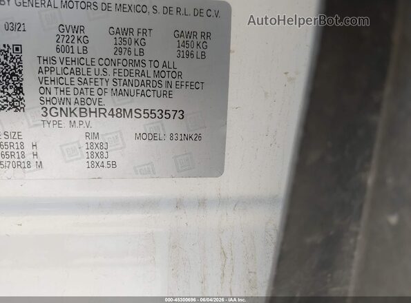 3GNKBHR48MS553573 2021 CHEVROLET BLAZER White 